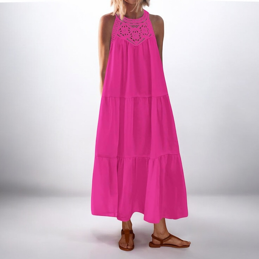 Bright Pink Tiered Maxi Dress with Crochet Yoke